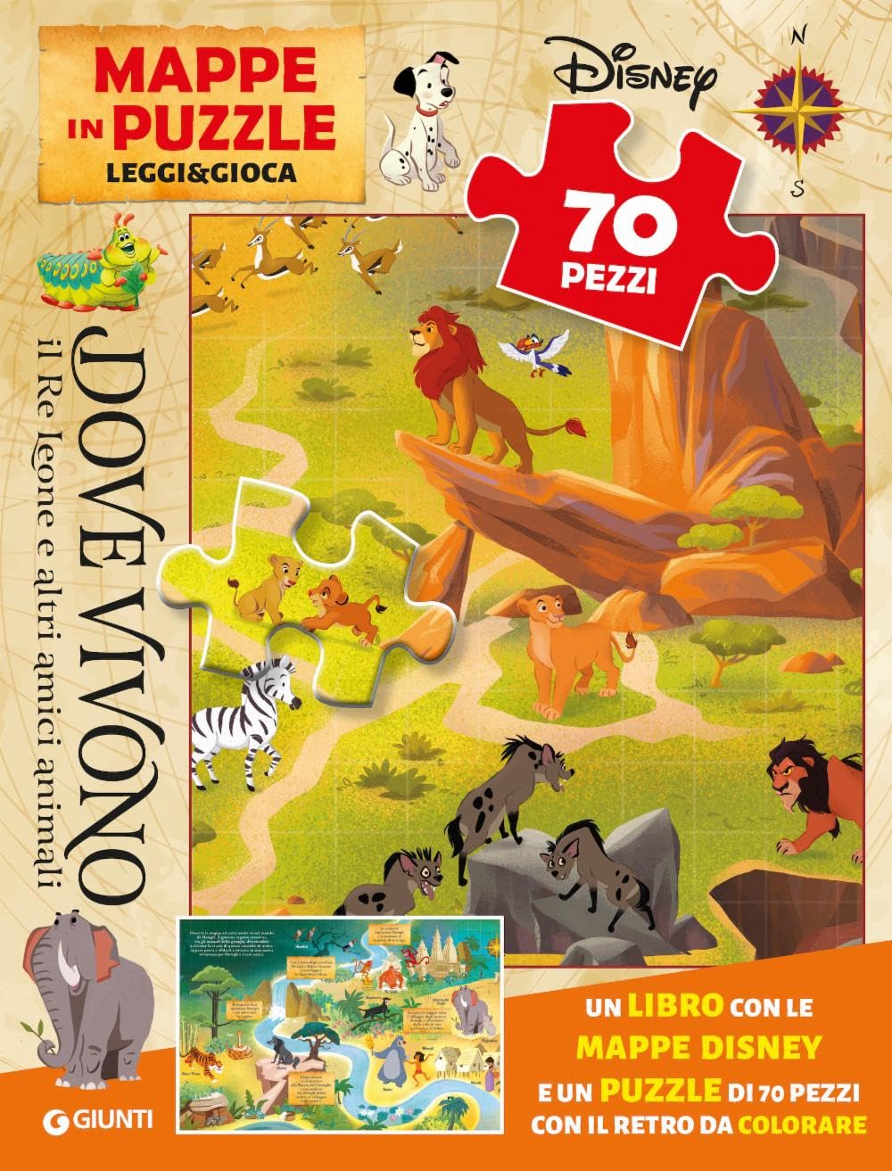 DOVE VIVONO IL RE LEONE E ALTRI AMICI ANIMALI. MAPPE IN PUZZLE. SCATOLA CON PUZZLE DA 70 PEZZI E LIBRO CON MAPPE SPLENDIDAMENTE ILLUSTRATE